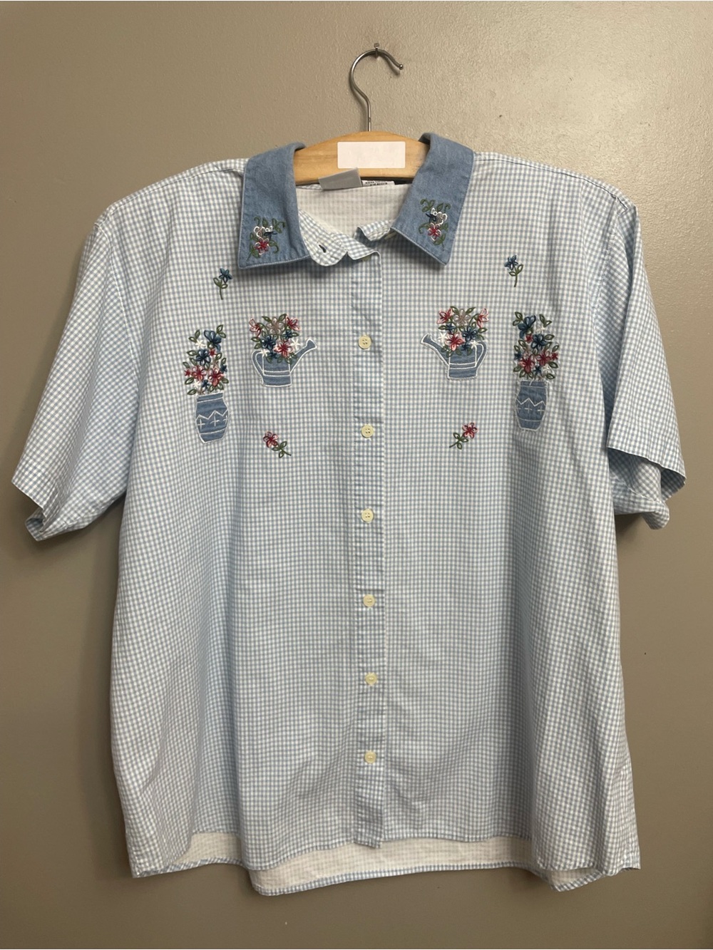 VTG Capacity gingham Embroidered Floral Shirt Women 3XL Padded Short Sleeve Y2k